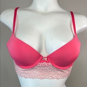 Aerie Pink and Light Pink Lace "Bridget" Demi Coverage Push Up Underwire Bra 32C